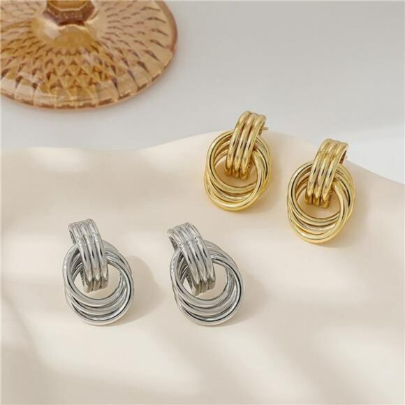 Gold Chunky Knot Statement Earrings Drop Dangle Lightweight Hypoallergenic - Picture 6 of 7